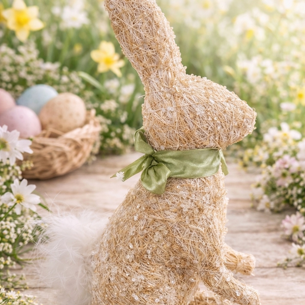 Tall Sisal Easter Bunny Figurine Rustic Spring Decor Green Ribbon Farmhouse‎
